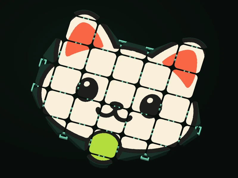 A cat image divided into articulated tiles with real print-in-place connections.