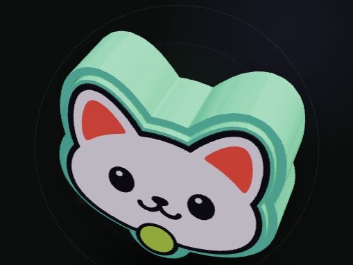 Mochi cat clicker with a mint contour-cut housing and colorful raised artwork.