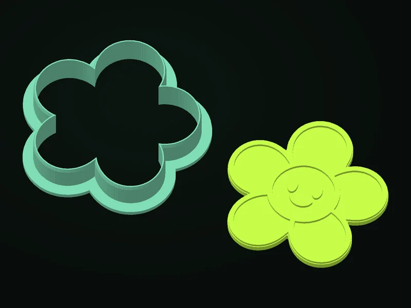A mint Bloom-shaped cutter with a beveled cutting edge beside its matching lime detail stamp.