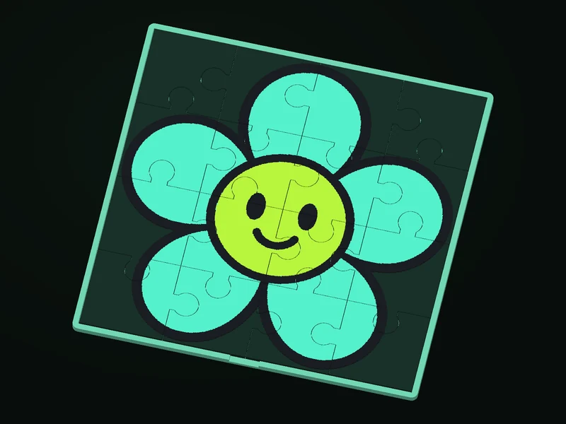 A Bloom flower image cut into matching jigsaw pieces inside a mint assembly tray.