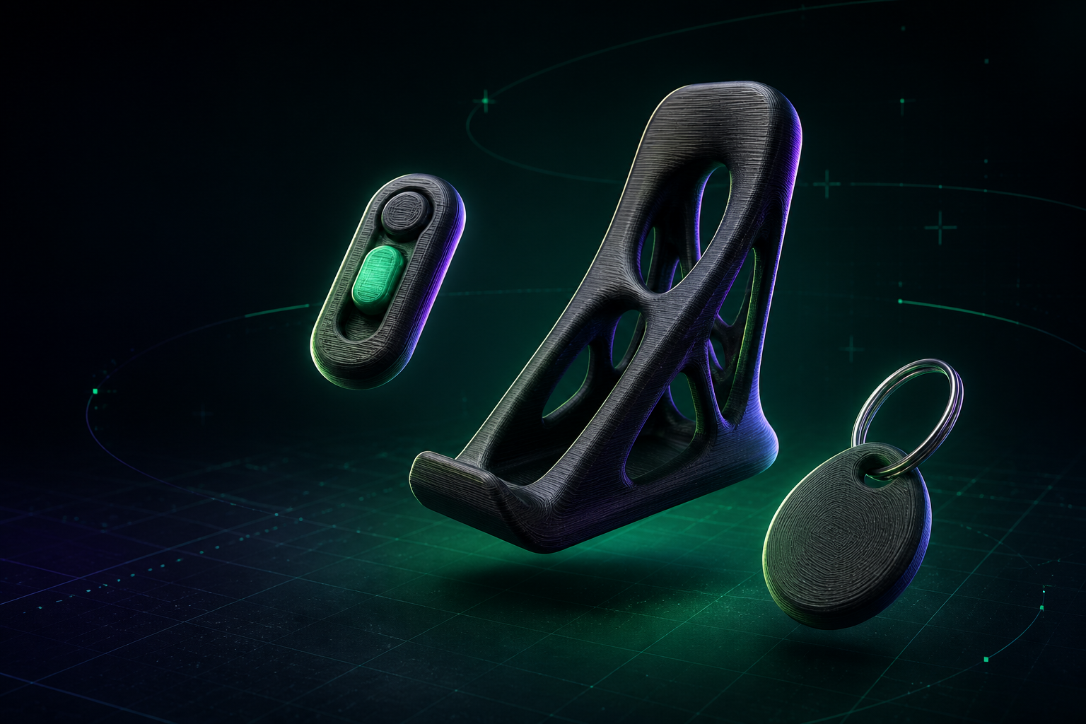 3D printed display stand, tactile clicker and keychain in the Nozzlify editor