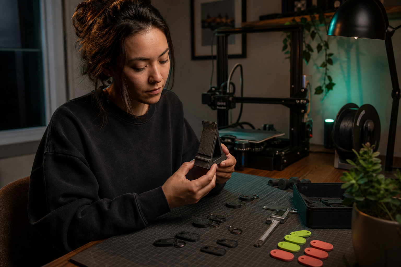 Maker inspecting a newly printed display stand at a home workshop